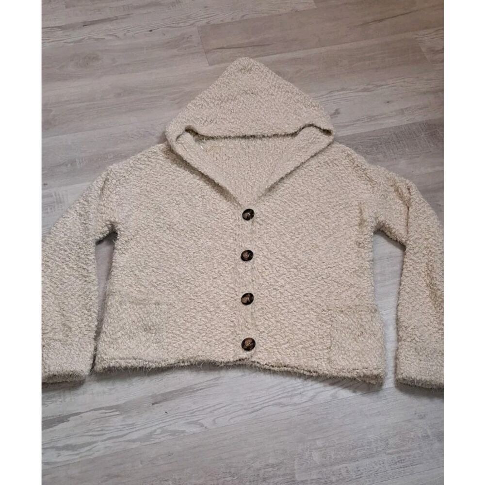 POL Cream Hooded Textured Boucle Sweater Cardigan Large Slouchy Boho Lounge - Picture 3 of 6